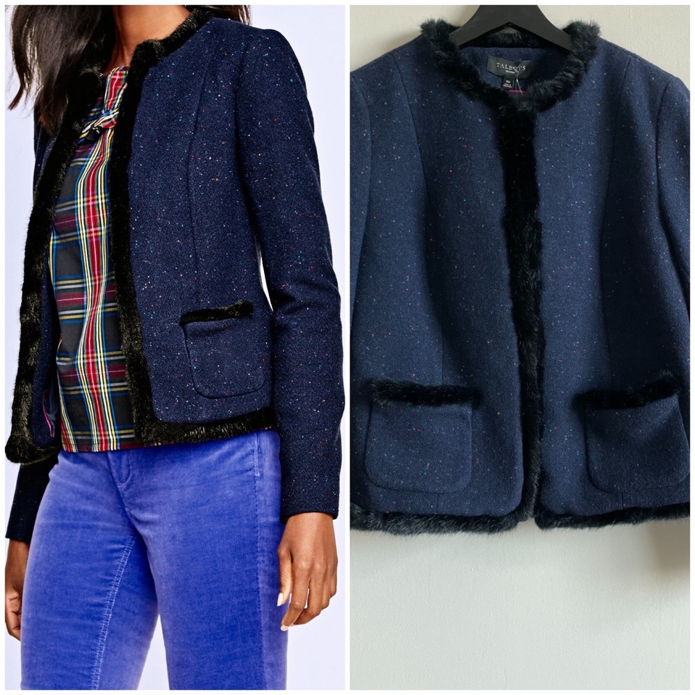 TALBOTS Wool Blend Faux Fur Trimmed Shetland Jacket